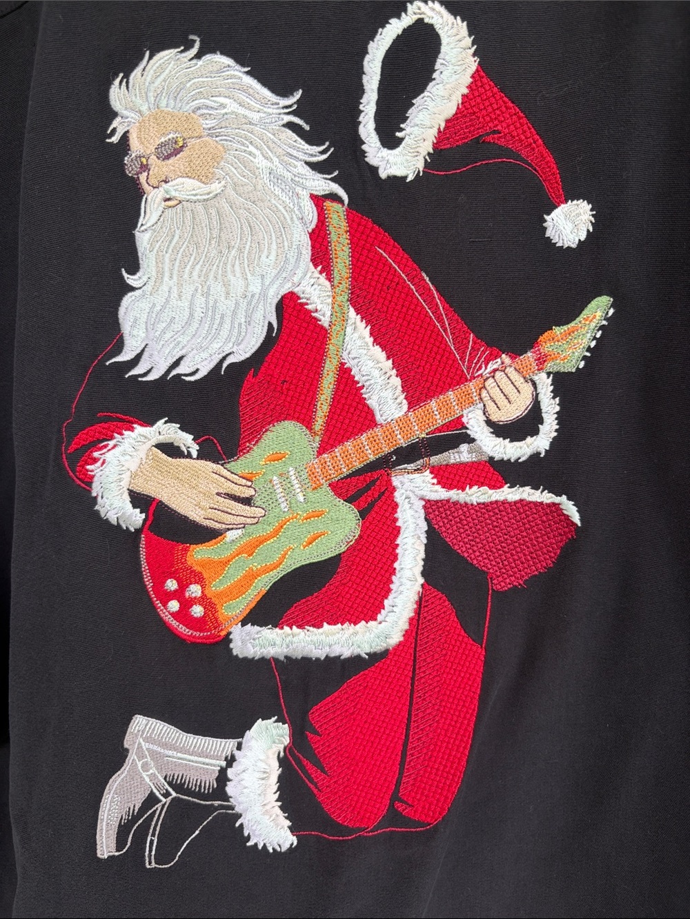 Tori Richard 100% Silk Embroiderd Santa On Guitar Shirt. Size XL